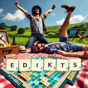 Kreative Illustration für ein Scrabble-Spiel, bei dem das Wort EDIKTS mit Steinen auf dem Brett gelegt wurde.