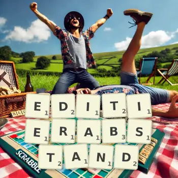 Kreative Illustration für ein Scrabble-Spiel, bei dem das Wort EDITIERABSTAND mit Steinen auf dem Brett gelegt wurde.