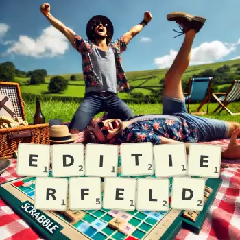 Kreative Illustration für ein Scrabble-Spiel, bei dem das Wort EDITIERFELD mit Steinen auf dem Brett gelegt wurde.