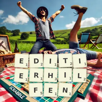 Kreative Illustration für ein Scrabble-Spiel, bei dem das Wort EDITIERHILFEN mit Steinen auf dem Brett gelegt wurde.