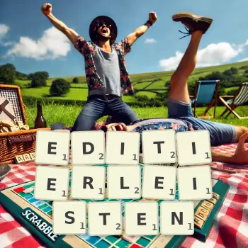 Kreative Illustration für ein Scrabble-Spiel, bei dem das Wort EDITIERLEISTEN mit Steinen auf dem Brett gelegt wurde.