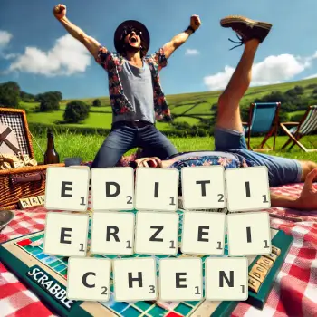 Kreative Illustration für ein Scrabble-Spiel, bei dem das Wort EDITIERZEICHEN mit Steinen auf dem Brett gelegt wurde.