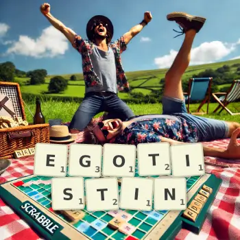 Kreative Illustration für ein Scrabble-Spiel, bei dem das Wort EGOTISTIN mit Steinen auf dem Brett gelegt wurde.