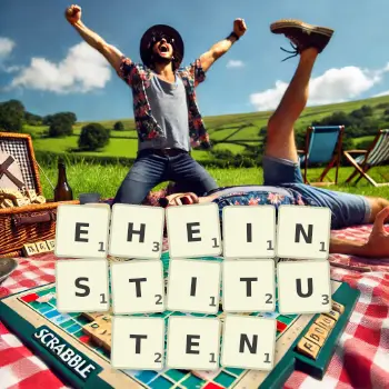 Kreative Illustration für ein Scrabble-Spiel, bei dem das Wort EHEINSTITUTEN mit Steinen auf dem Brett gelegt wurde.
