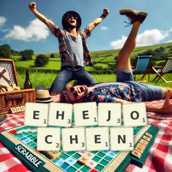 Kreative Illustration für ein Scrabble-Spiel, bei dem das Wort EHEJOCHEN mit Steinen auf dem Brett gelegt wurde.