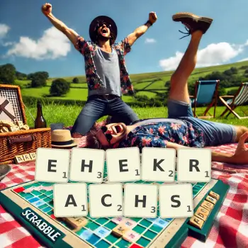 Kreative Illustration für ein Scrabble-Spiel, bei dem das Wort EHEKRACHS mit Steinen auf dem Brett gelegt wurde.