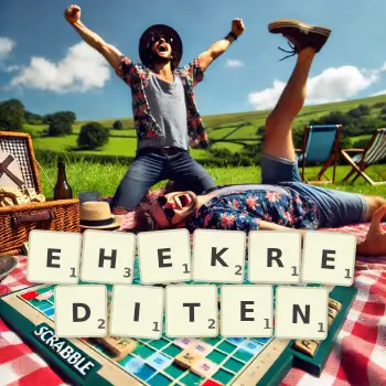 Kreative Illustration für ein Scrabble-Spiel, bei dem das Wort EHEKREDITEN mit Steinen auf dem Brett gelegt wurde.