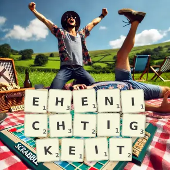 Kreative Illustration für ein Scrabble-Spiel, bei dem das Wort EHENICHTIGKEIT mit Steinen auf dem Brett gelegt wurde.