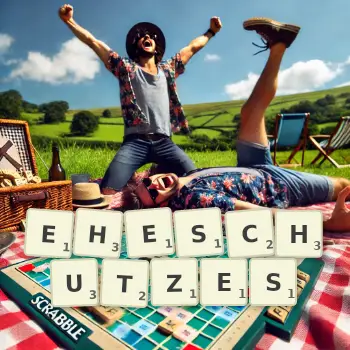 Kreative Illustration für ein Scrabble-Spiel, bei dem das Wort EHESCHUTZES mit Steinen auf dem Brett gelegt wurde.