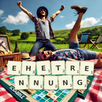 Kreative Illustration für ein Scrabble-Spiel, bei dem das Wort EHETRENNUNG mit Steinen auf dem Brett gelegt wurde.