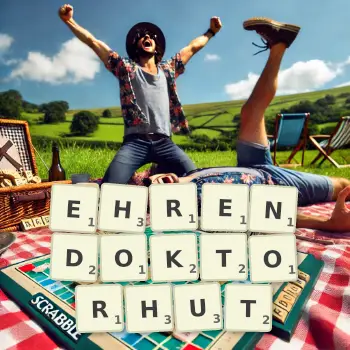 Kreative Illustration für ein Scrabble-Spiel, bei dem das Wort EHRENDOKTORHUT mit Steinen auf dem Brett gelegt wurde.