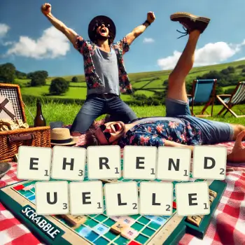 Kreative Illustration für ein Scrabble-Spiel, bei dem das Wort EHRENDUELLE mit Steinen auf dem Brett gelegt wurde.