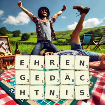 Kreative Illustration für ein Scrabble-Spiel, bei dem das Wort EHRENGEDÄCHTNIS mit Steinen auf dem Brett gelegt wurde.