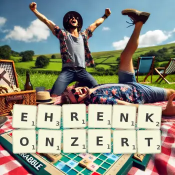 Kreative Illustration für ein Scrabble-Spiel, bei dem das Wort EHRENKONZERT mit Steinen auf dem Brett gelegt wurde.