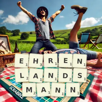 Kreative Illustration für ein Scrabble-Spiel, bei dem das Wort EHRENLANDSMANN mit Steinen auf dem Brett gelegt wurde.