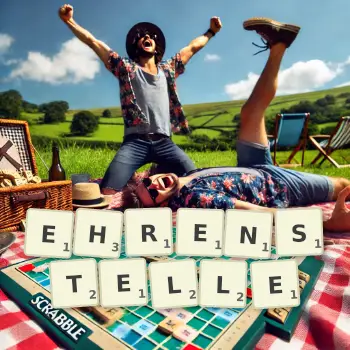 Kreative Illustration für ein Scrabble-Spiel, bei dem das Wort EHRENSTELLE mit Steinen auf dem Brett gelegt wurde.