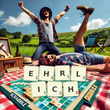 Kreative Illustration für ein Scrabble-Spiel, bei dem das Wort EHRLICH mit Steinen auf dem Brett gelegt wurde.
