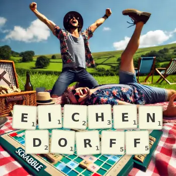 Kreative Illustration für ein Scrabble-Spiel, bei dem das Wort EICHENDORFF mit Steinen auf dem Brett gelegt wurde.