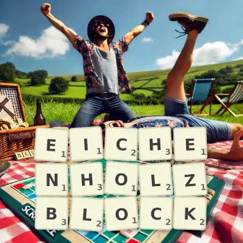 Kreative Illustration für ein Scrabble-Spiel, bei dem das Wort EICHENHOLZBLOCK mit Steinen auf dem Brett gelegt wurde.