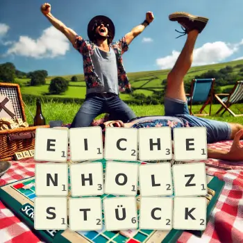 Kreative Illustration für ein Scrabble-Spiel, bei dem das Wort EICHENHOLZSTÜCK mit Steinen auf dem Brett gelegt wurde.