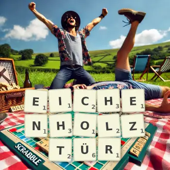 Kreative Illustration für ein Scrabble-Spiel, bei dem das Wort EICHENHOLZTÜR mit Steinen auf dem Brett gelegt wurde.