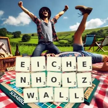 Kreative Illustration für ein Scrabble-Spiel, bei dem das Wort EICHENHOLZWALL mit Steinen auf dem Brett gelegt wurde.