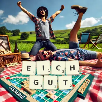 Kreative Illustration für ein Scrabble-Spiel, bei dem das Wort EICHGUT mit Steinen auf dem Brett gelegt wurde.