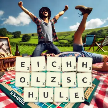 Kreative Illustration für ein Scrabble-Spiel, bei dem das Wort EICHHOLZSCHULE mit Steinen auf dem Brett gelegt wurde.