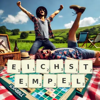 Kreative Illustration für ein Scrabble-Spiel, bei dem das Wort EICHSTEMPEL mit Steinen auf dem Brett gelegt wurde.