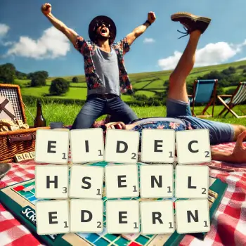 Kreative Illustration für ein Scrabble-Spiel, bei dem das Wort EIDECHSENLEDERN mit Steinen auf dem Brett gelegt wurde.