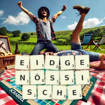 Kreative Illustration für ein Scrabble-Spiel, bei dem das Wort EIDGENÖSSISCHE mit Steinen auf dem Brett gelegt wurde.