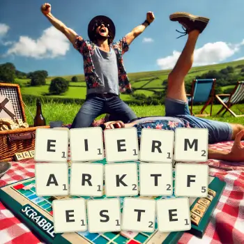 Kreative Illustration für ein Scrabble-Spiel, bei dem das Wort EIERMARKTFESTE mit Steinen auf dem Brett gelegt wurde.