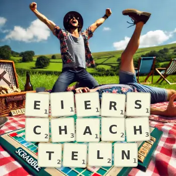 Kreative Illustration für ein Scrabble-Spiel, bei dem das Wort EIERSCHACHTELN mit Steinen auf dem Brett gelegt wurde.