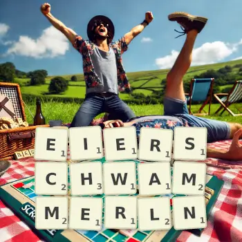 Kreative Illustration für ein Scrabble-Spiel, bei dem das Wort EIERSCHWAMMERLN mit Steinen auf dem Brett gelegt wurde.