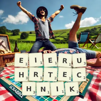 Kreative Illustration für ein Scrabble-Spiel, bei dem das Wort EIERUHRTECHNIK mit Steinen auf dem Brett gelegt wurde.