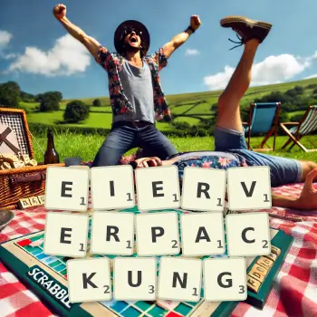 Kreative Illustration für ein Scrabble-Spiel, bei dem das Wort EIERVERPACKUNG mit Steinen auf dem Brett gelegt wurde.