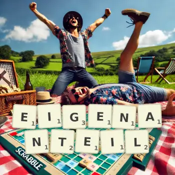 Kreative Illustration für ein Scrabble-Spiel, bei dem das Wort EIGENANTEIL mit Steinen auf dem Brett gelegt wurde.