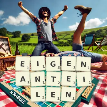 Kreative Illustration für ein Scrabble-Spiel, bei dem das Wort EIGENANTEILEN mit Steinen auf dem Brett gelegt wurde.