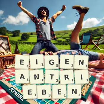 Kreative Illustration für ein Scrabble-Spiel, bei dem das Wort EIGENANTRIEBEN mit Steinen auf dem Brett gelegt wurde.