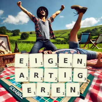 Kreative Illustration für ein Scrabble-Spiel, bei dem das Wort EIGENARTIGEREN mit Steinen auf dem Brett gelegt wurde.