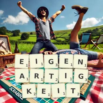 Kreative Illustration für ein Scrabble-Spiel, bei dem das Wort EIGENARTIGKEIT mit Steinen auf dem Brett gelegt wurde.