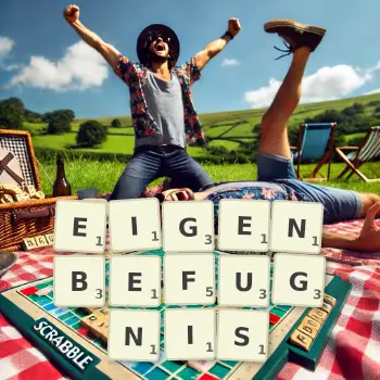 Kreative Illustration für ein Scrabble-Spiel, bei dem das Wort EIGENBEFUGNIS mit Steinen auf dem Brett gelegt wurde.