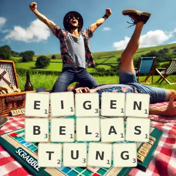 Kreative Illustration für ein Scrabble-Spiel, bei dem das Wort EIGENBELASTUNG mit Steinen auf dem Brett gelegt wurde.