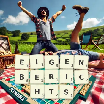 Kreative Illustration für ein Scrabble-Spiel, bei dem das Wort EIGENBERICHTS mit Steinen auf dem Brett gelegt wurde.