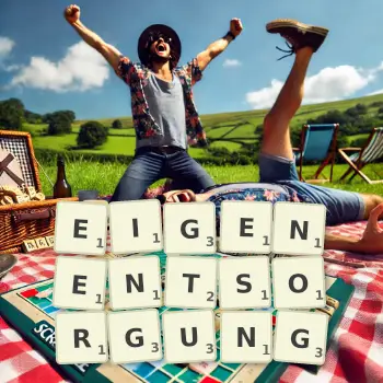 Kreative Illustration für ein Scrabble-Spiel, bei dem das Wort EIGENENTSORGUNG mit Steinen auf dem Brett gelegt wurde.