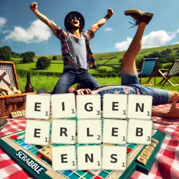 Kreative Illustration für ein Scrabble-Spiel, bei dem das Wort EIGENERLEBENS mit Steinen auf dem Brett gelegt wurde.