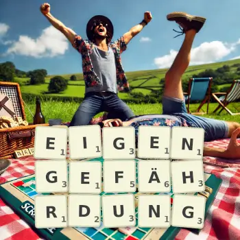 Kreative Illustration für ein Scrabble-Spiel, bei dem das Wort EIGENGEFÄHRDUNG mit Steinen auf dem Brett gelegt wurde.