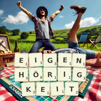 Kreative Illustration für ein Scrabble-Spiel, bei dem das Wort EIGENHÖRIGKEIT mit Steinen auf dem Brett gelegt wurde.