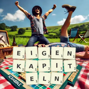 Kreative Illustration für ein Scrabble-Spiel, bei dem das Wort EIGENKAPITELN mit Steinen auf dem Brett gelegt wurde.