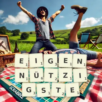 Kreative Illustration für ein Scrabble-Spiel, bei dem das Wort EIGENNÜTZIGSTE mit Steinen auf dem Brett gelegt wurde.